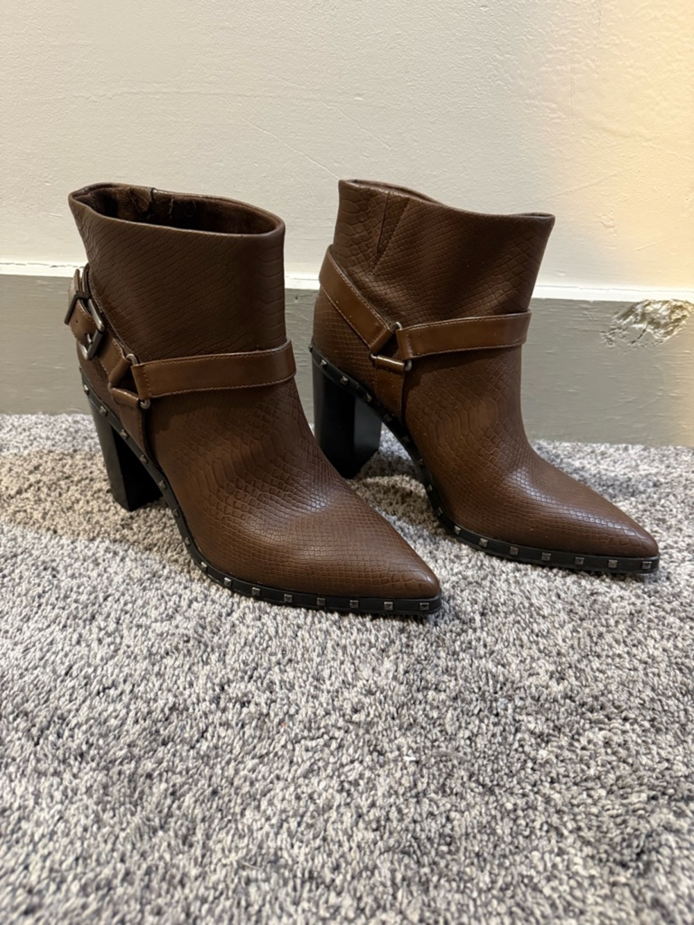Charles By Charles David Brown Textured Pointed-Toe Ankle Booties with Stud Trim